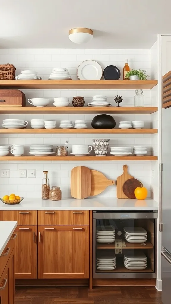 A modern kitchen featuring open shelving with dishes and decor, creating a spacious atmosphere.
