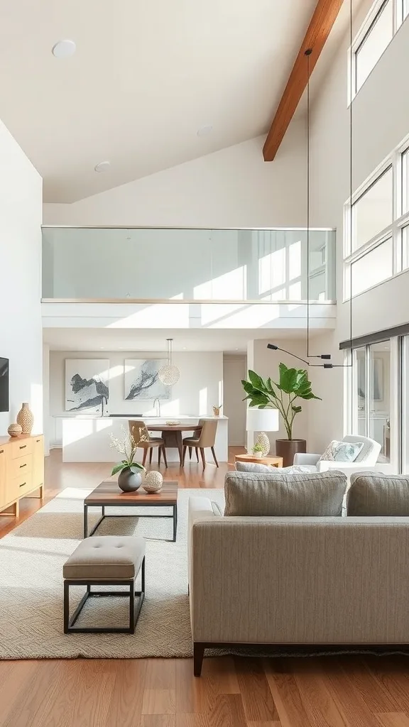 Open concept living room with neutral tones and brightly colored furniture.
