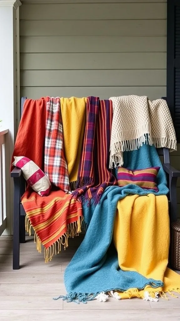 Cozy porch with colorful blankets and pillows on a sofa.