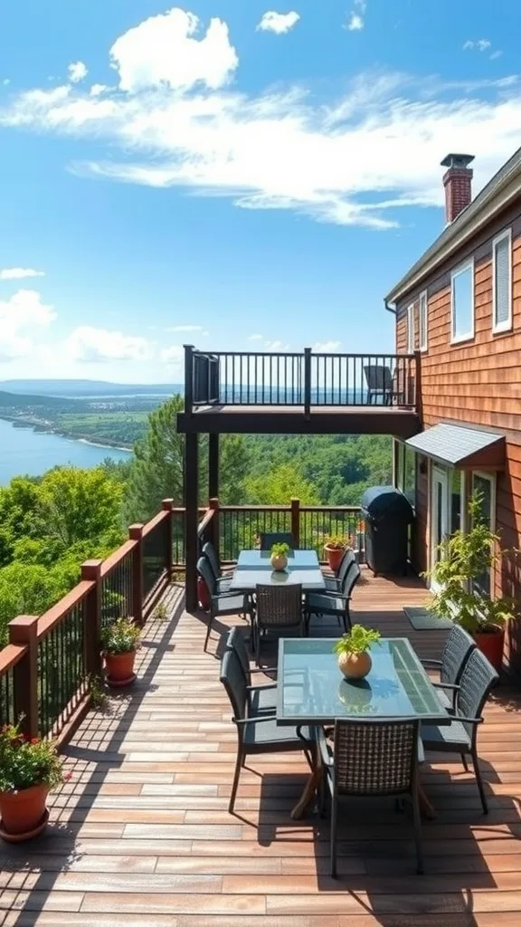 A spacious two-level deck with dining tables, overlooking a scenic view of water and green trees.
