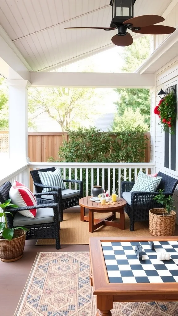 Cozy porch with a checkerboard table and comfortable seating.