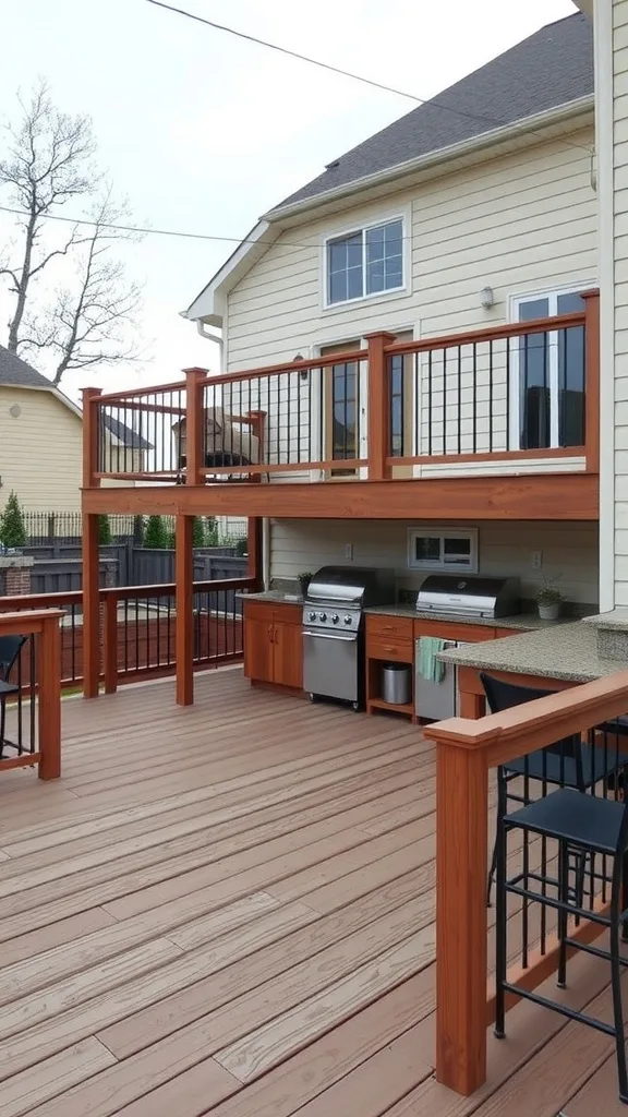Upper deck with an outdoor kitchen featuring a grill and seating area.