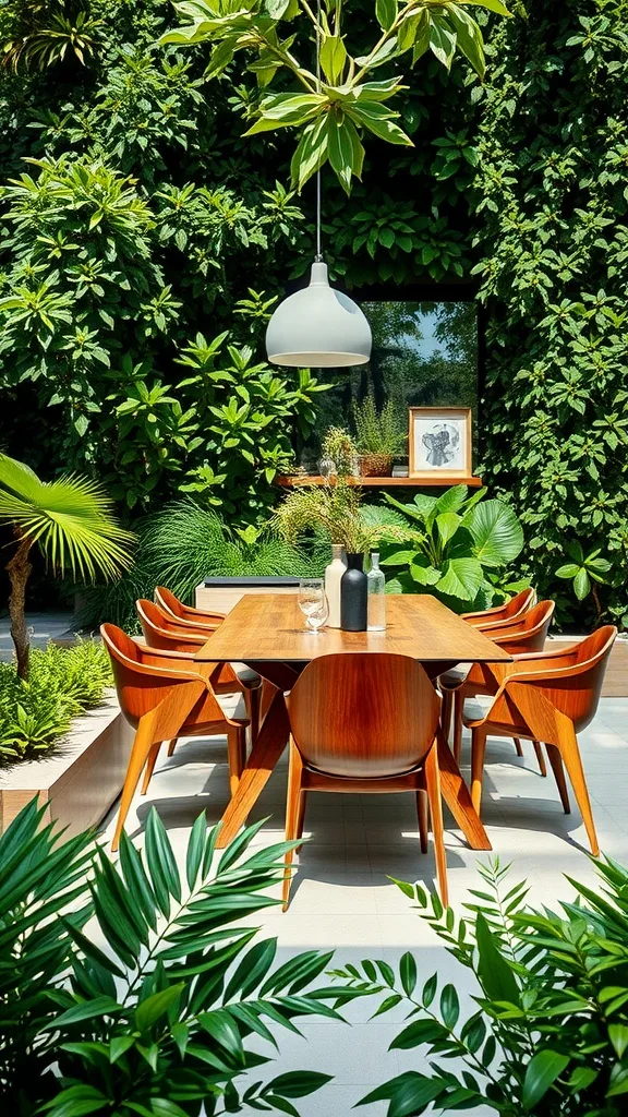 Modern wood and glass top dining table surrounded by lush greenery