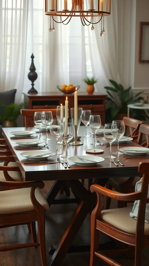A beautifully set modern wood and glass top dining table with chairs, perfect for entertaining.