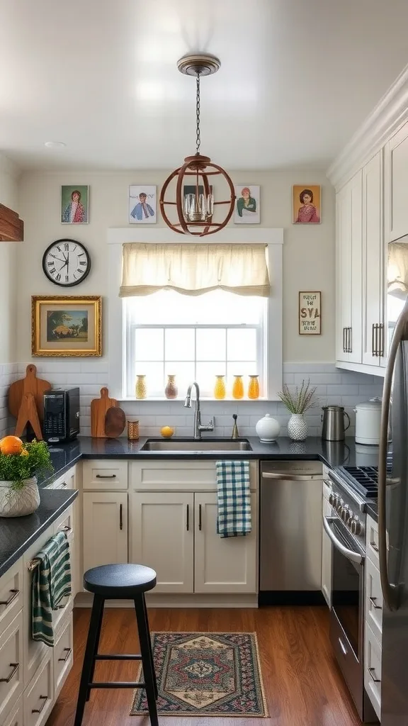 A cozy Ikea kitchen with wooden cabinets, artwork on display, and plants.