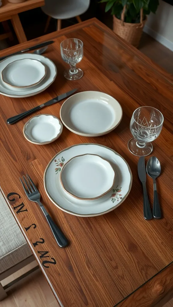 A modern wood and glass top dining table set with plates and glasses.