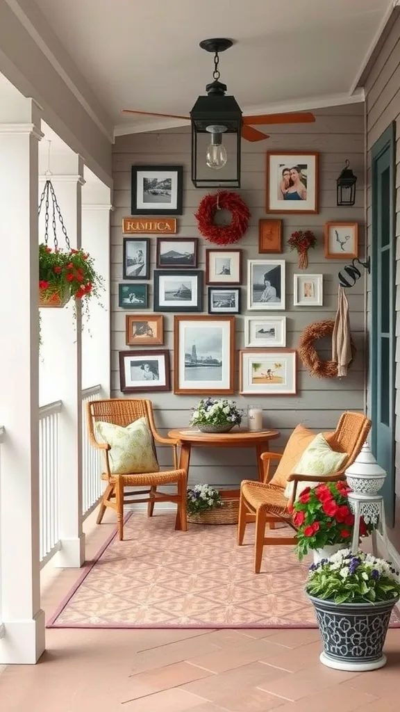 Cozy porch with family photos and art on the walls, featuring comfortable seating and seasonal decorations.
