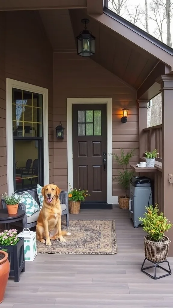 A cozy porch featuring a dog resting on a soft bed, surrounded by plants and decorative elements.