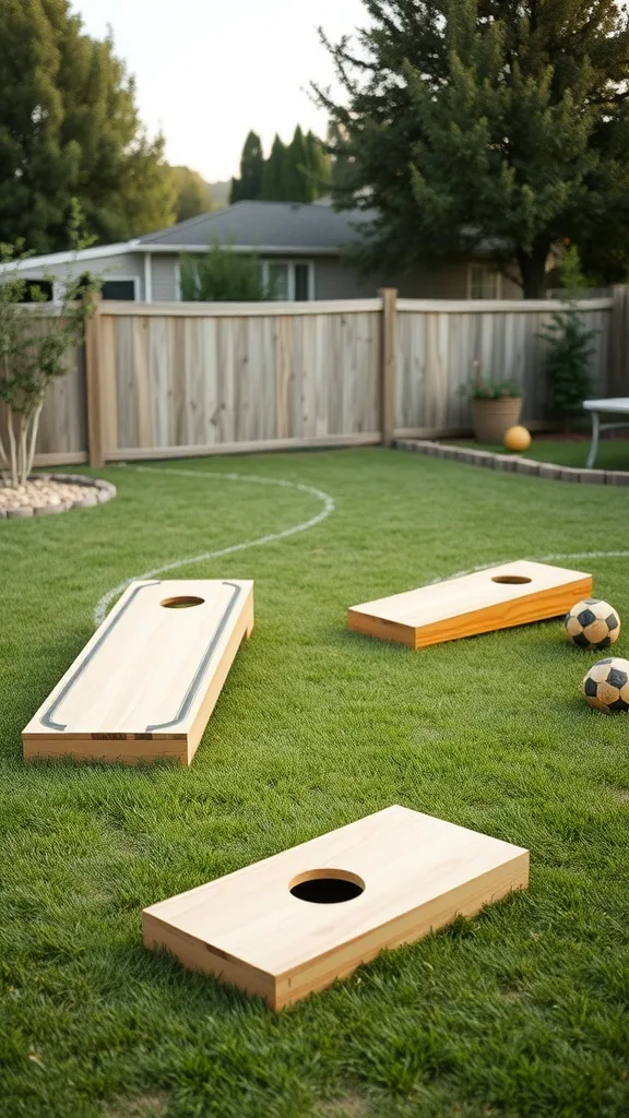 Backyard games area with wooden bean bag toss boards and soccer balls on the grass.