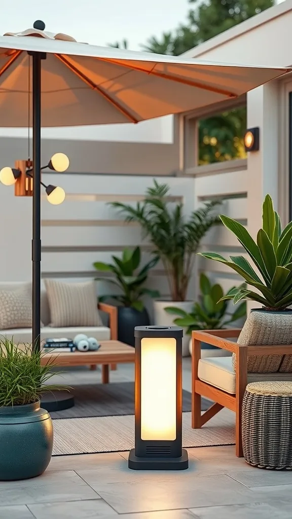 A modern portable floor light next to outdoor seating surrounded by plants.