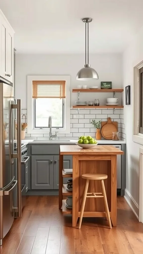 A cozy tiny house kitchen featuring a portable kitchen island with a stool and fresh produce.