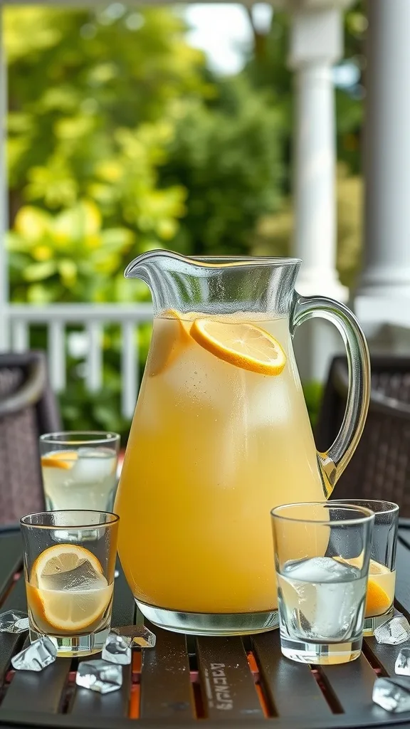 A pitcher of lemonade with lemon slices, surrounded by ice cubes and glasses on a porch.
