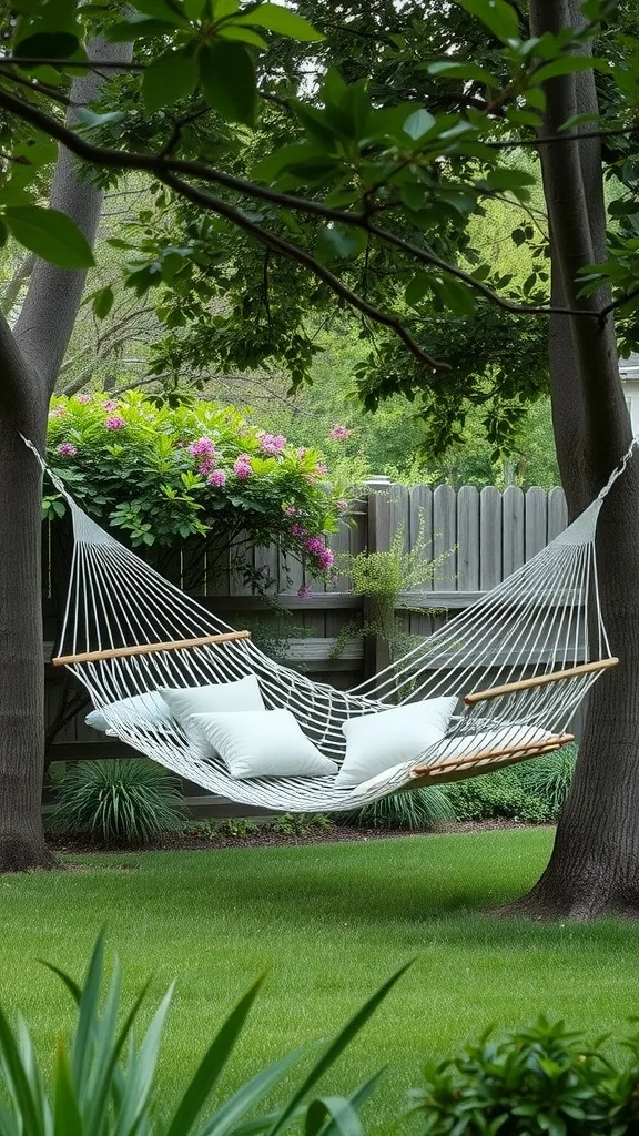 A cozy hammock set between trees, surrounded by greenery and flowers.