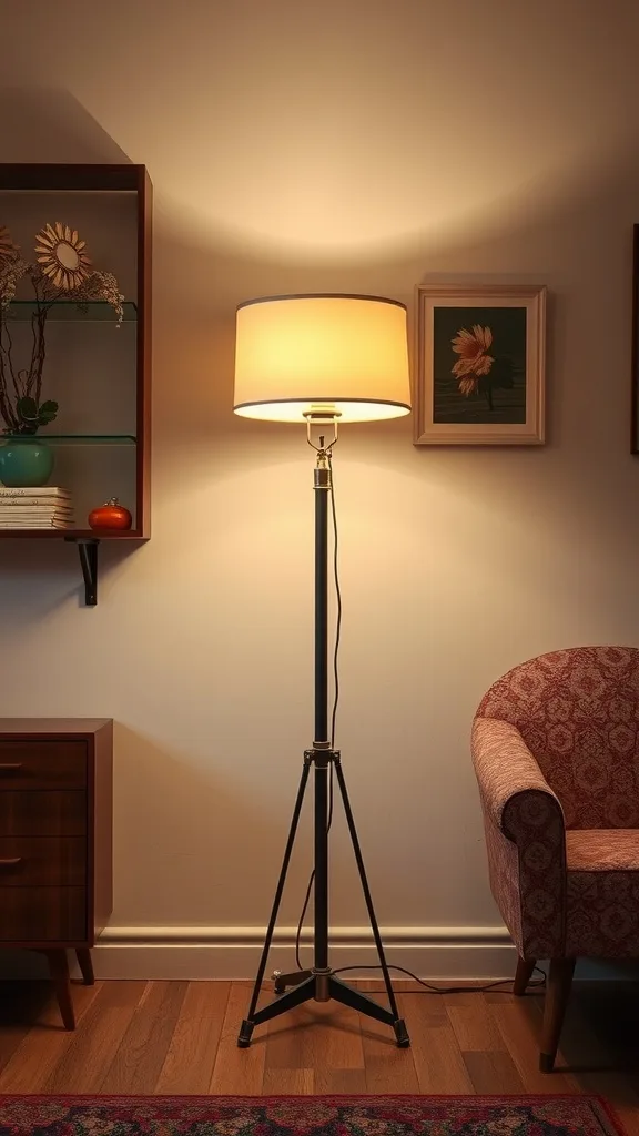 A retro-inspired modern floor lamp with a beige shade, standing next to a stylish chair.