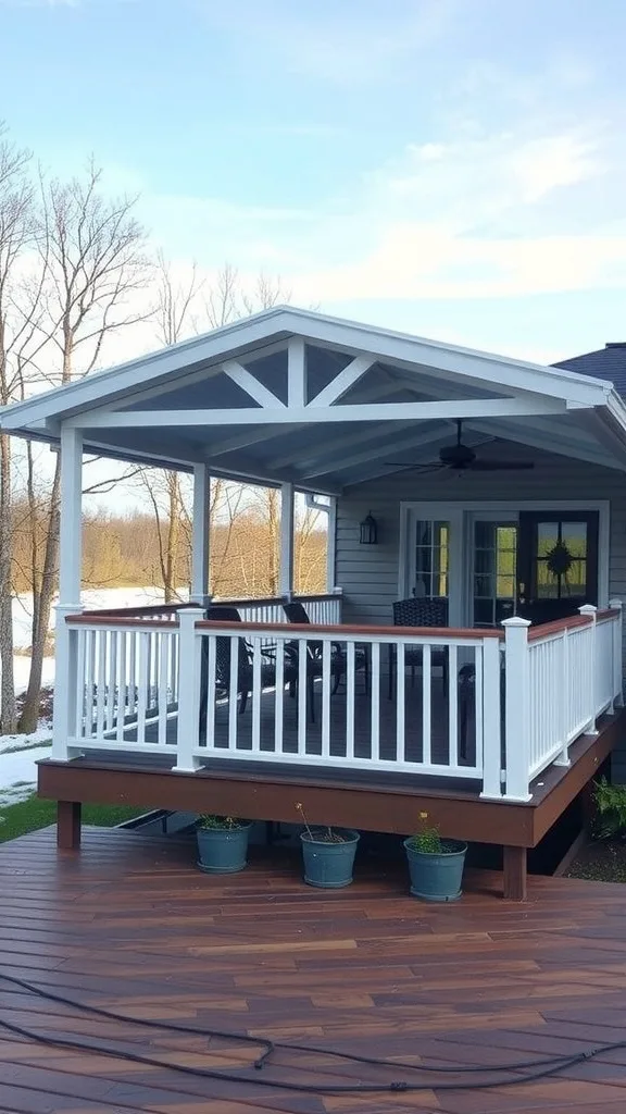 A roofed upper deck with seating and plants, designed for all-weather use.