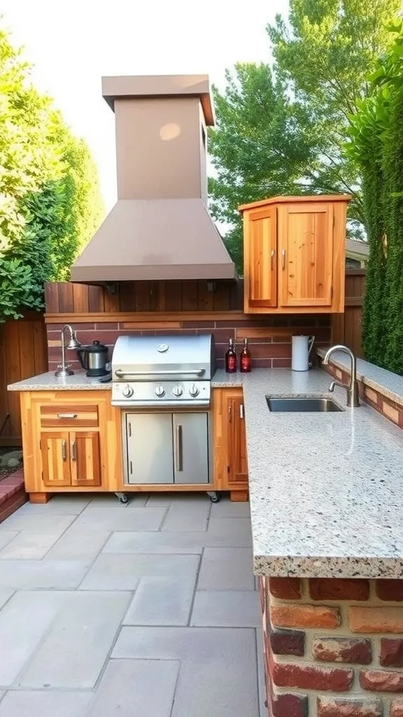 Rustic outdoor kitchen with wooden cabinets and grill