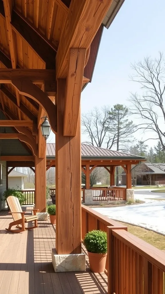 A cozy porch with rustic wooden accents, showcasing beams, railings, and a welcoming atmosphere.
