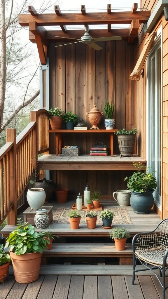 A cozy two-level wooden deck adorned with potted plants and rustic decor.