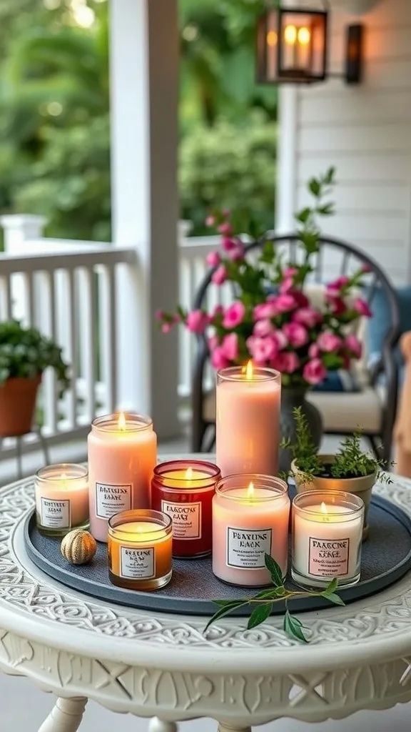 A variety of scented candles lit on a table on a cozy porch.