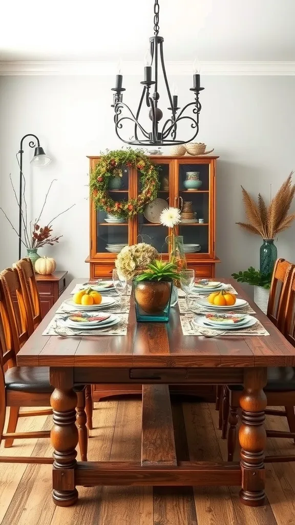 A beautifully set dining table made of wood with a glass top, featuring seasonal decorations.