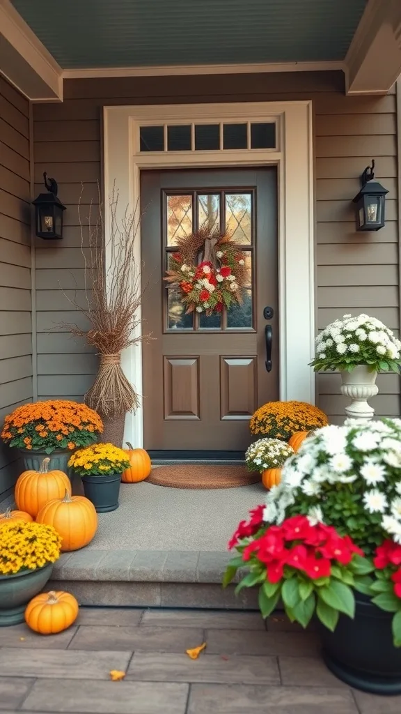 A cozy porch decorated with pumpkins, colorful flowers, and a festive wreath.