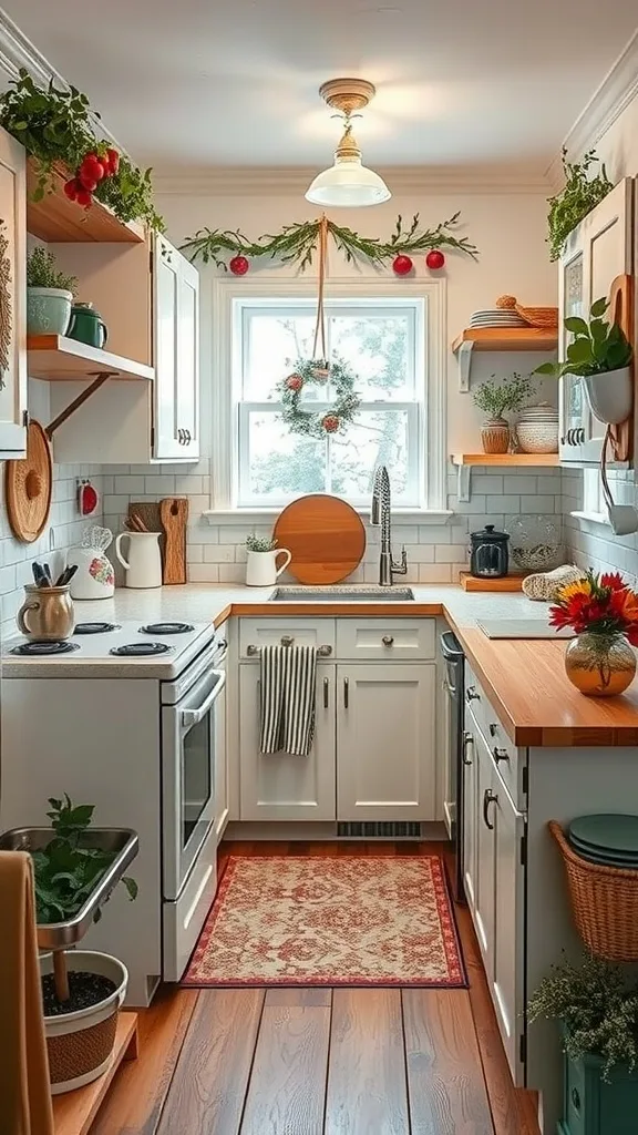 Cozy tiny house kitchen with seasonal decor including a wreath and fresh herbs.