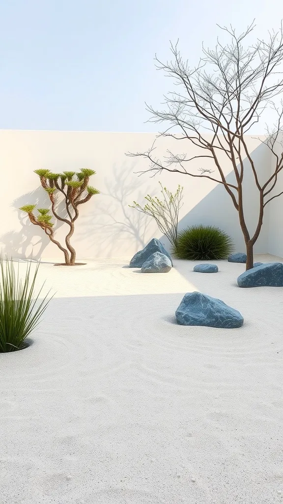 A serene Zen garden with white sand, rocks, and minimalist plants.