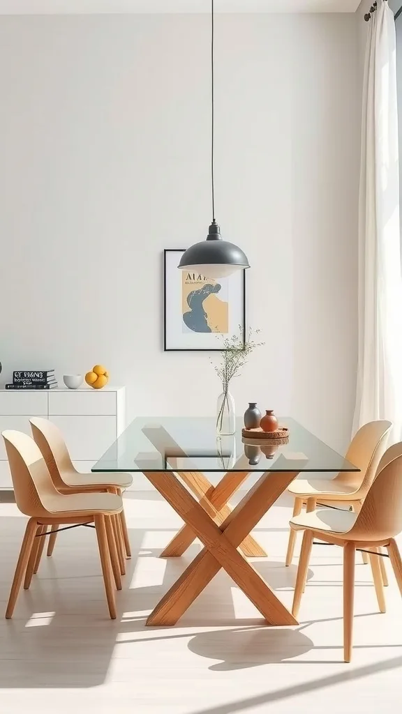 A modern dining table with a glass top and wooden base, surrounded by light-colored chairs.