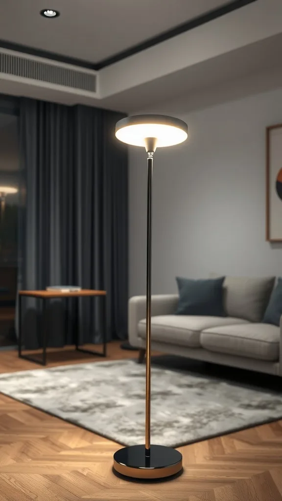 A modern contemporary floor lamp in a stylish living room setting.