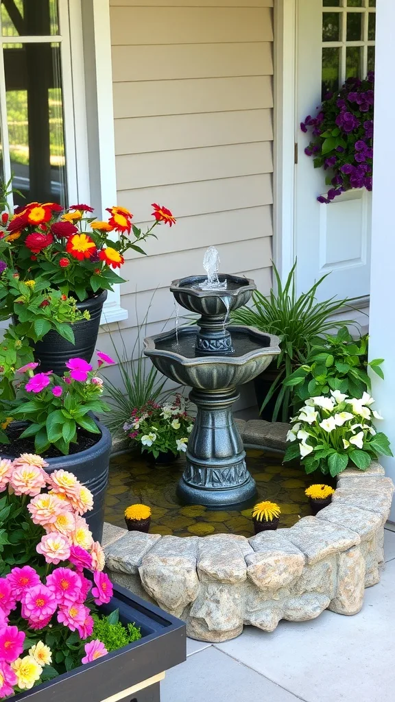 A cozy porch featuring a small fountain with flowers and greenery.