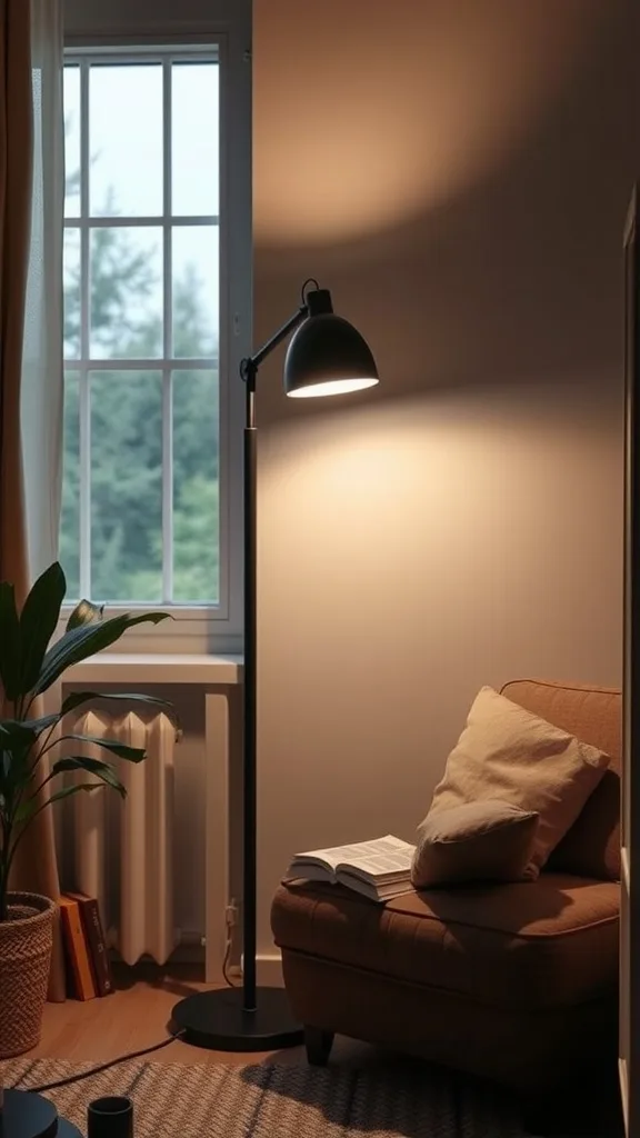 A stylish floor lamp next to a comfortable chair and a window, creating a cozy reading corner.