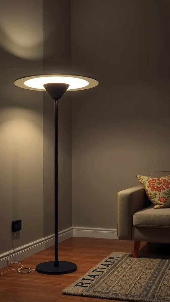 A sleek modern floor light next to a cozy couch and rug, illuminated in a warm glow.