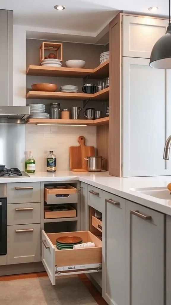 A modern kitchen with smart storage solutions including open shelves and organized drawers.