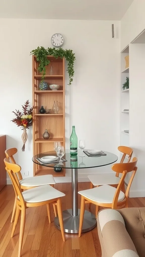 A modern wood and glass top dining table with wooden chairs in a bright room.