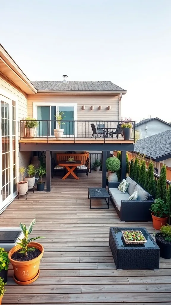 A beautiful split-level deck with dining and lounging areas surrounded by plants.
