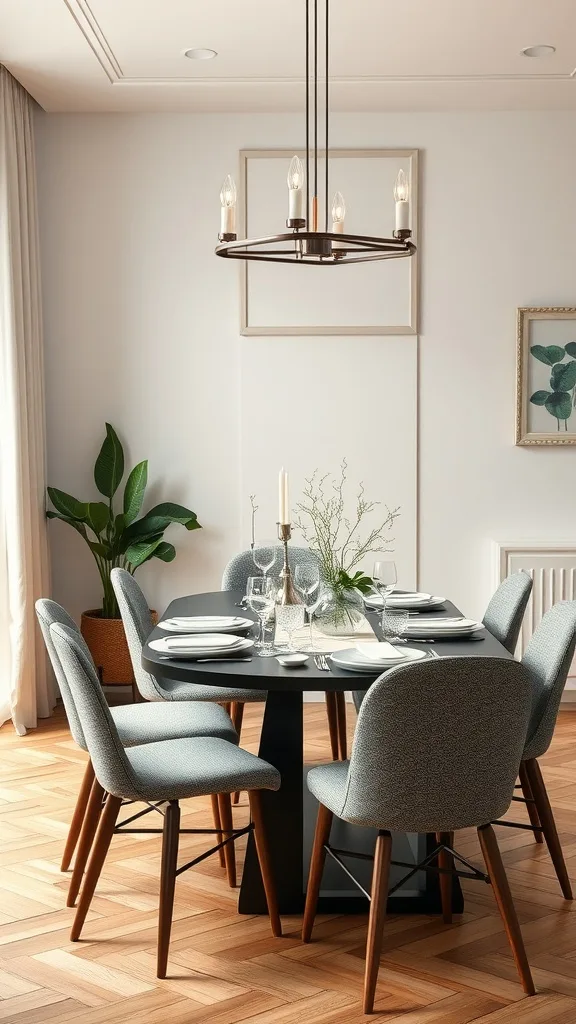 Modern wood and glass top dining table with stylish chairs and decorative elements.