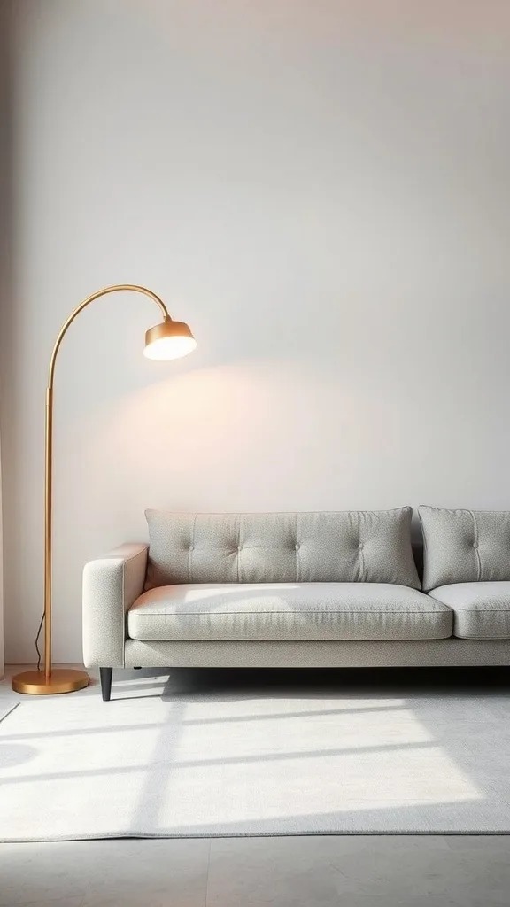 A stylish arc floor lamp next to a modern sofa in a bright room.