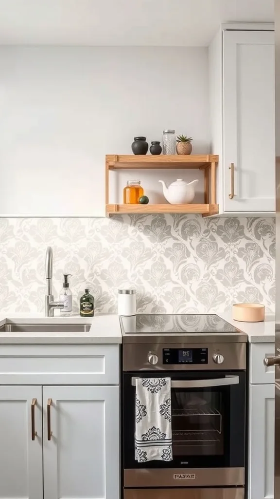 A small kitchen featuring a stylish backsplash with a modern design.