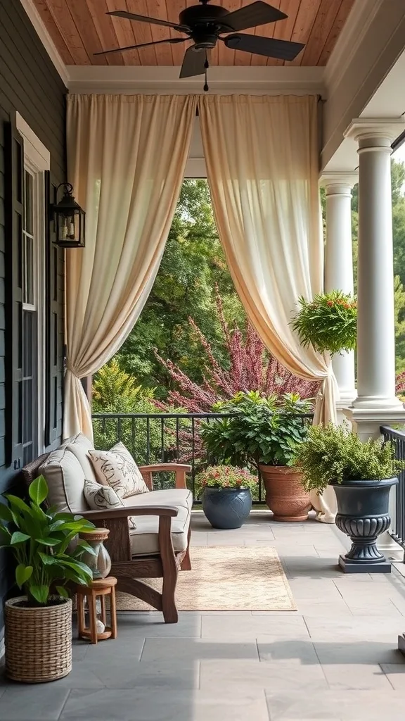 Cozy porch with stylish outdoor curtains and a comfortable chair.