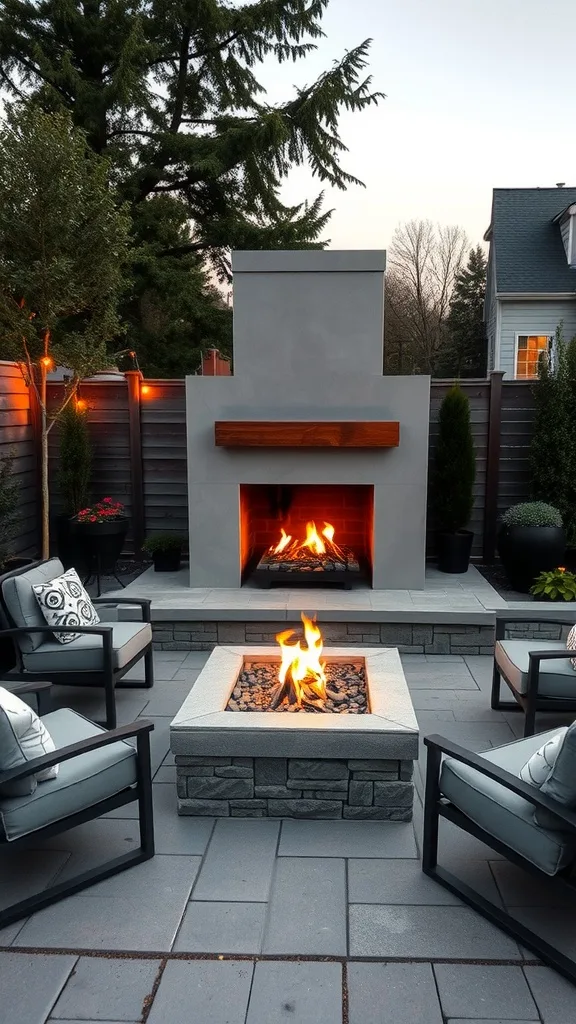 A modern outdoor fireplace surrounded by comfortable seating.