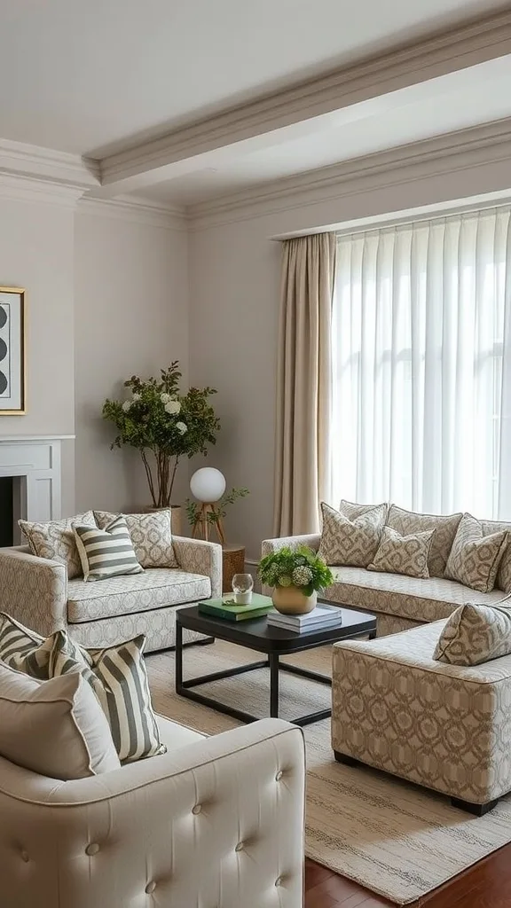 A neutral living room featuring a light sofa with patterned cushions, a round coffee table, and a plant.