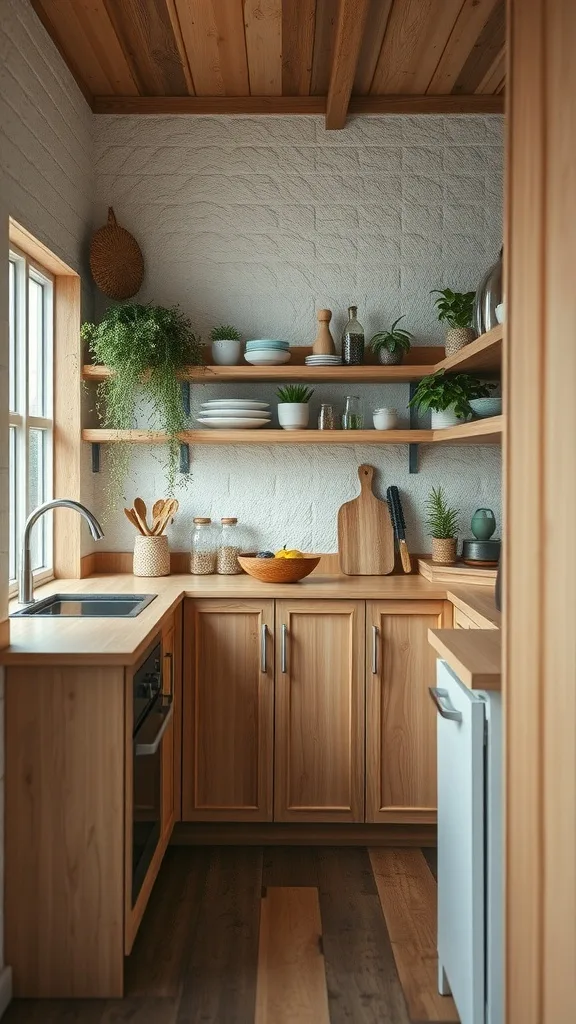 A cozy tiny house kitchen with wooden cabinets, open shelves, and plants.