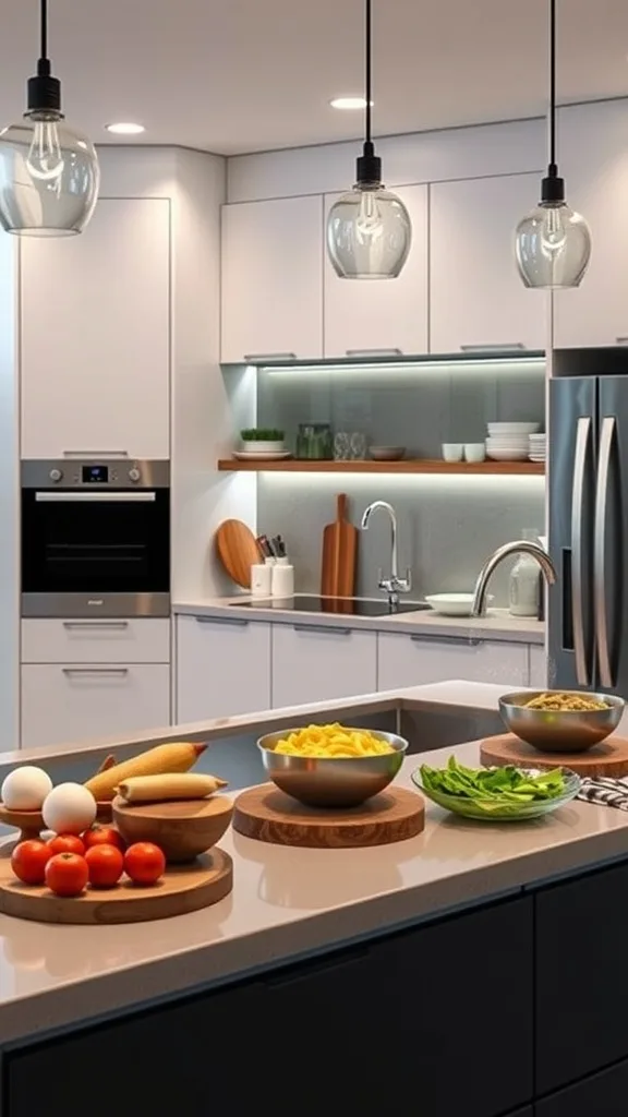 A sleek modern kitchen with smart appliances and a clean design.