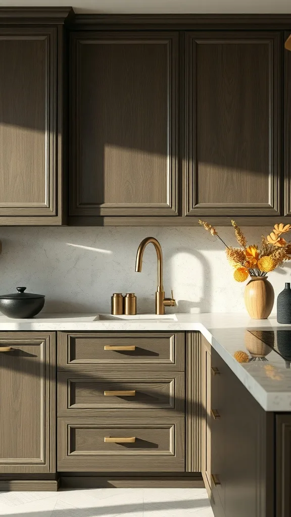 Ikea kitchen with textured wooden cabinets and metal handles