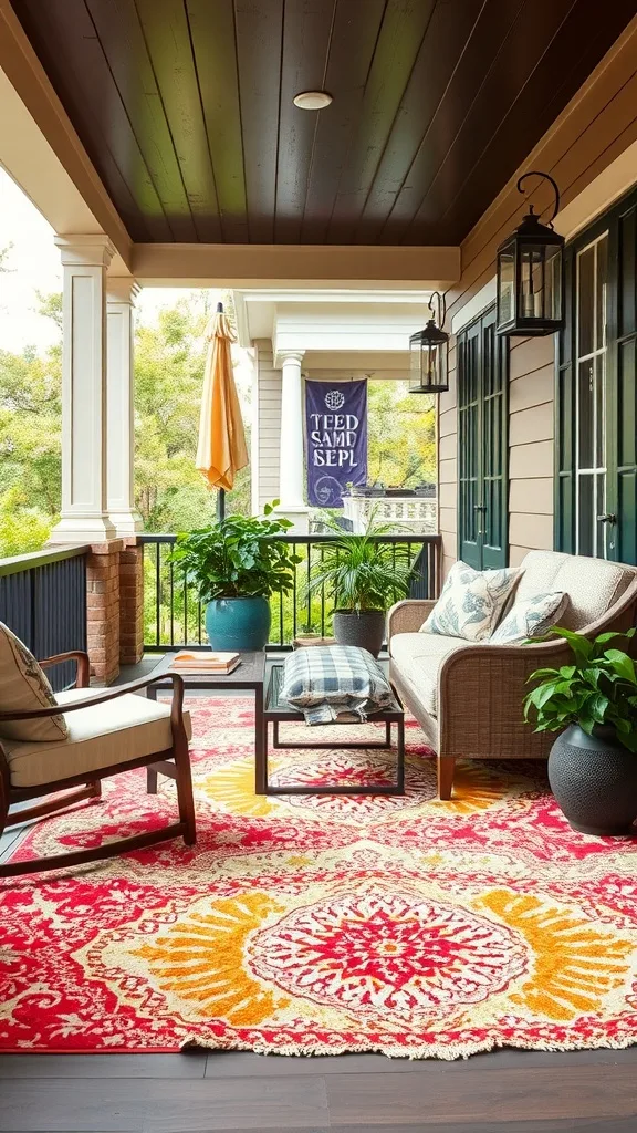 A cozy porch with a textured rug, plants, and a wicker chair.