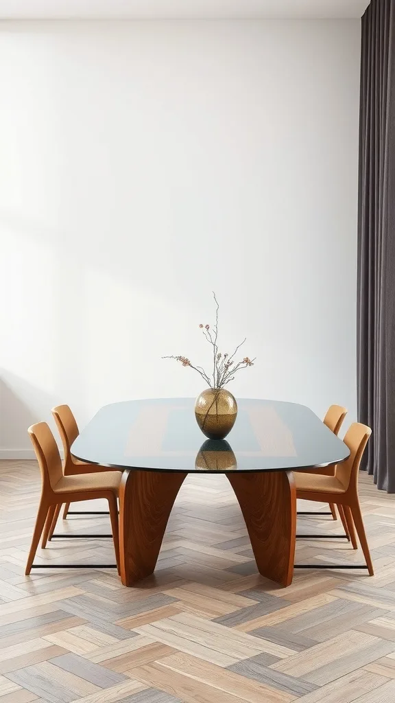 A modern wood and glass top dining table with a unique shape and stylish chairs.