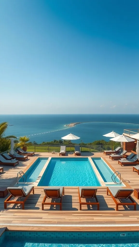 A beautiful two-level deck with lounge chairs and a pool overlooking the ocean.