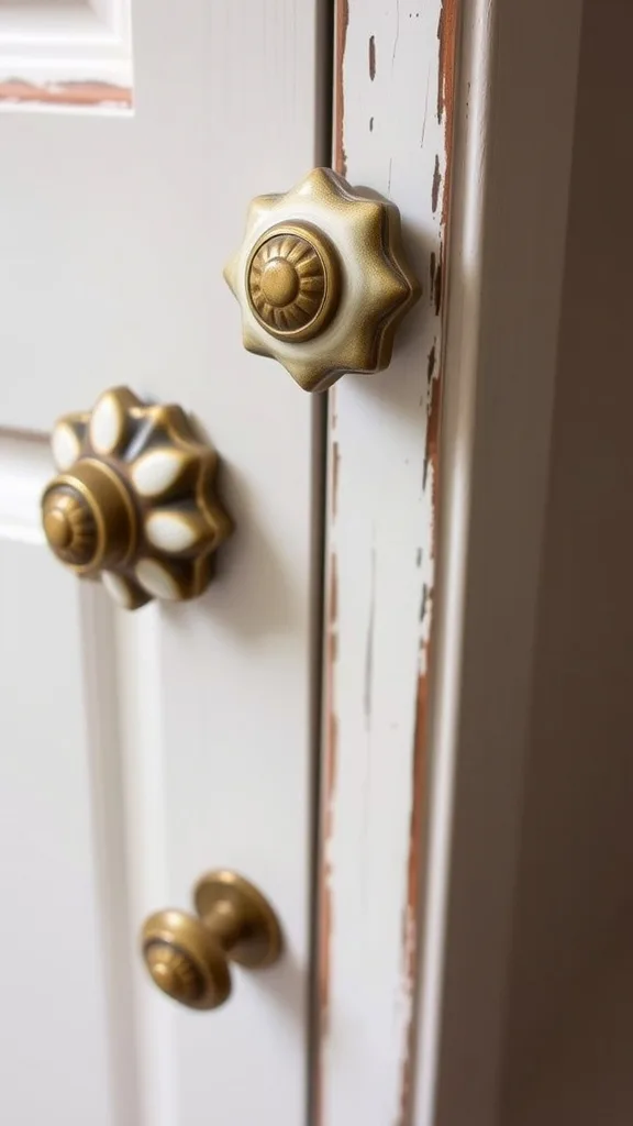 Close-up of decorative kitchen cabinet hardware in gold and black