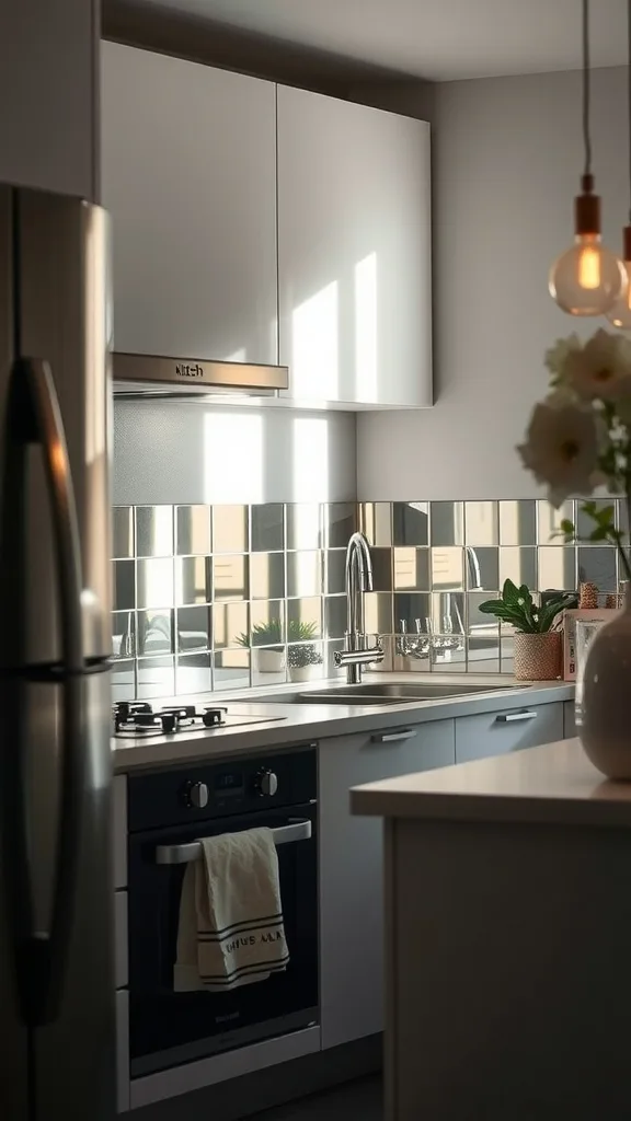 A modern tiny house kitchen featuring mirrored tiles and sleek appliances.