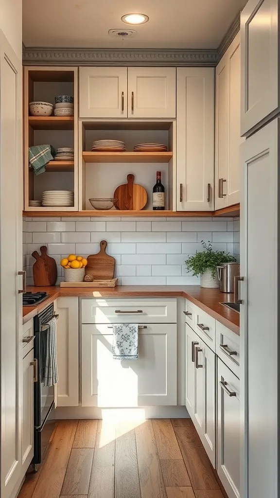 A compact and stylish tiny house kitchen featuring open shelves, white cabinets, and wooden accents.